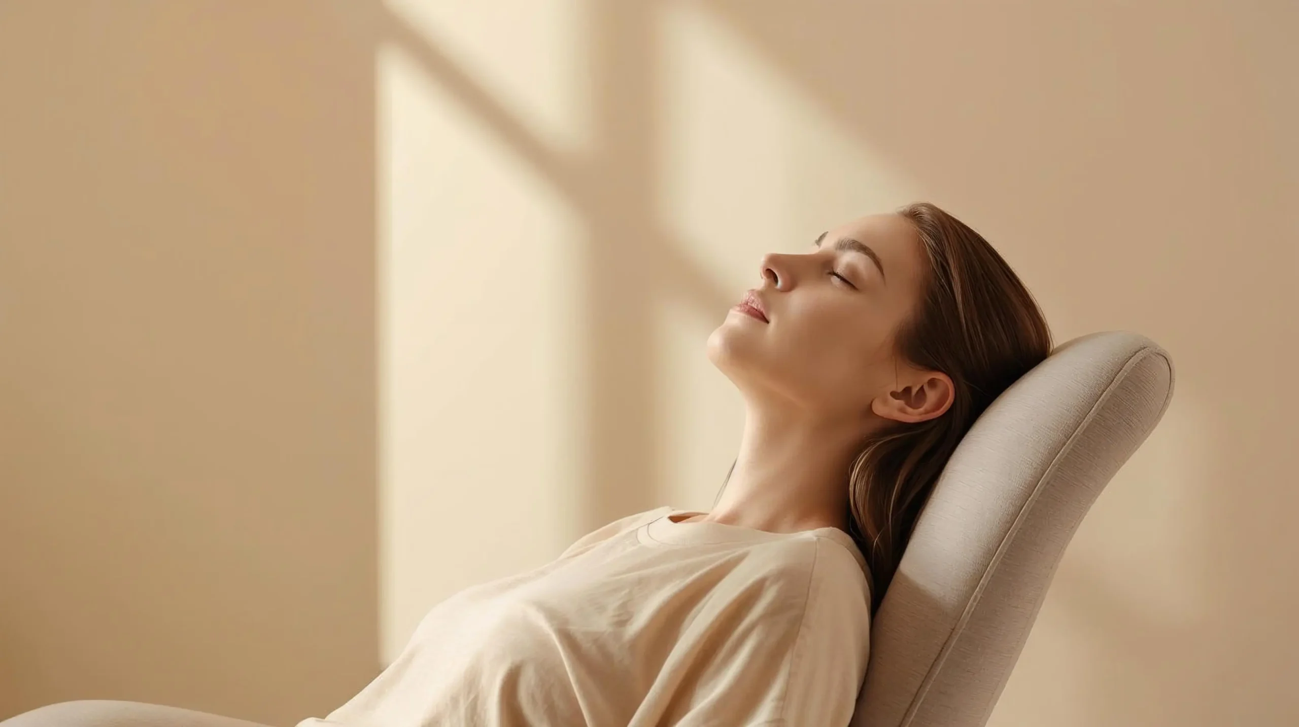 Femme assise dans un fauteuil, les yeux fermés, dans une posture de détente
