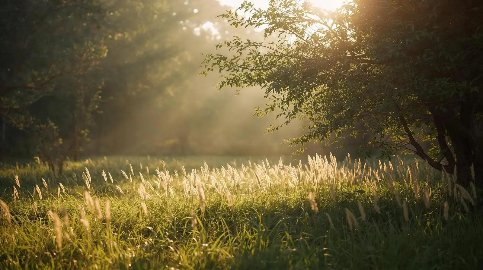 Rayons de soleil traversant des arbres et une prairie verdoyante