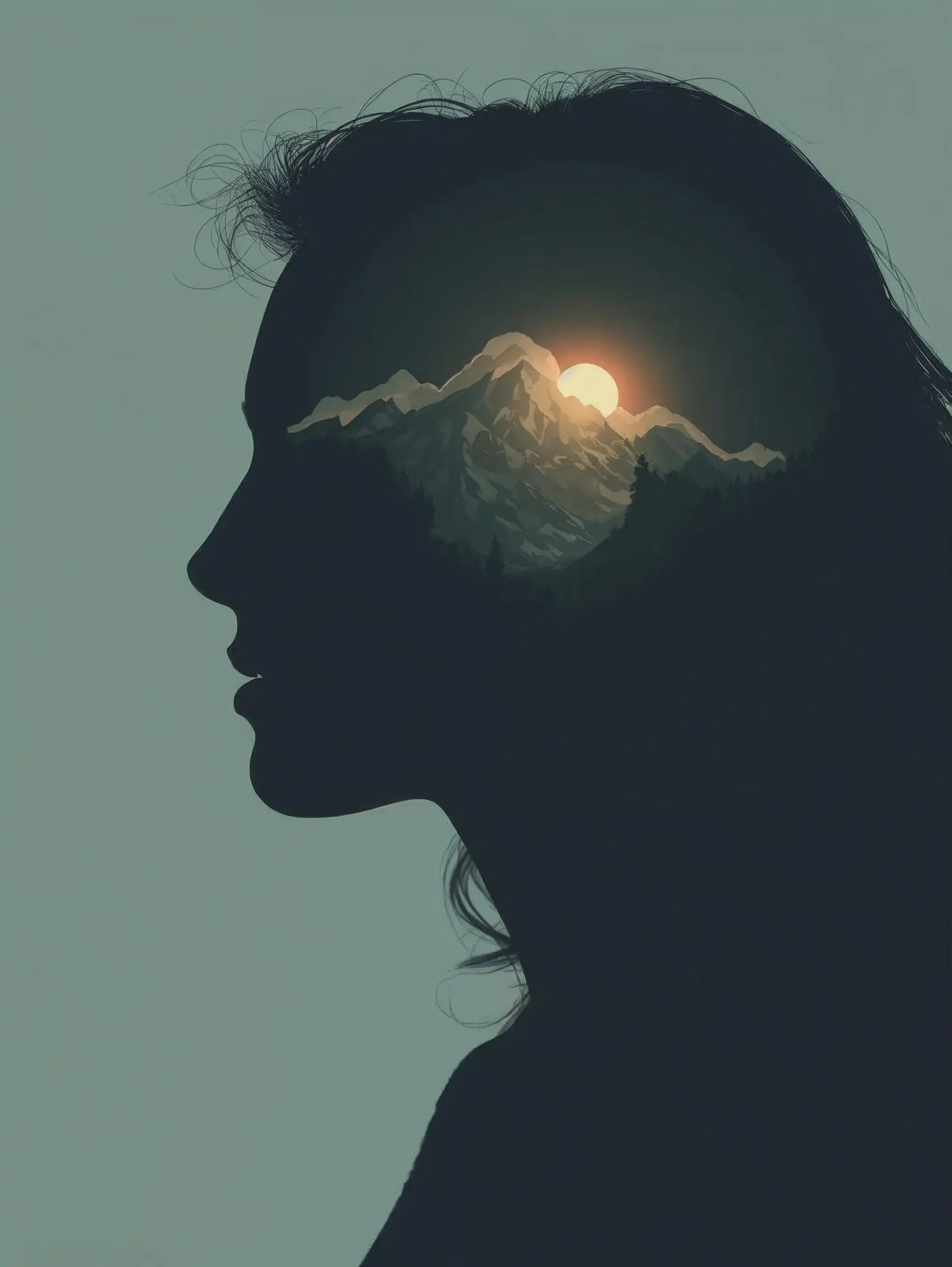 Silhouette de profil d’une femme, paysage de montagnes et soleil intégré à la tête